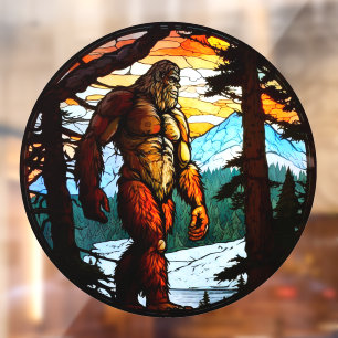 Bigfoot Prowls Mountain Forest Faux Stained Glass Window Cling