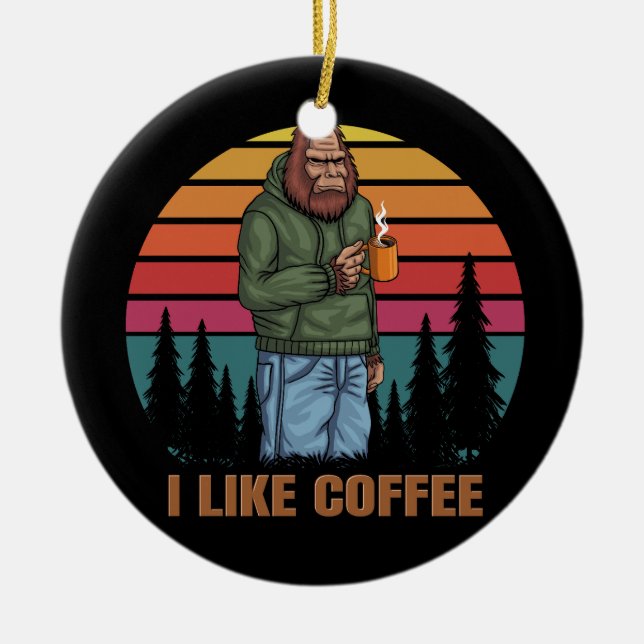 bigfoot relaxing drink coffee retro ceramic ornament (Front)
