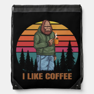 bigfoot relaxing drink coffee retro drawstring bag