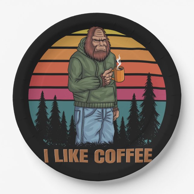 bigfoot relaxing drink coffee retro paper plate (Front)