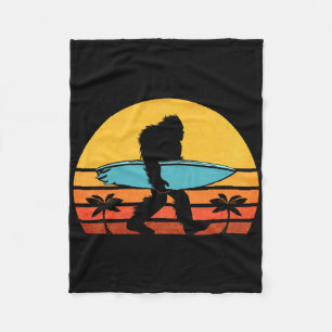 Bigfoot Retro Surfing , Tropical Sasquatch Surfer  Fleece Blanket