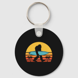 Bigfoot Retro Surfing , Tropical Sasquatch Surfer Keychain