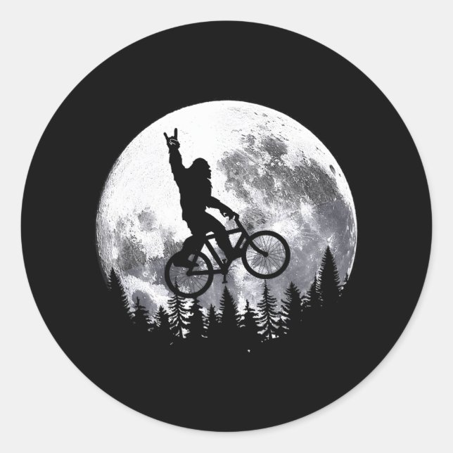 Bigfoot Ridding Mountain Bike on Moon Cycling Classic Round Sticker (Front)