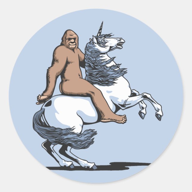 Bigfoot Riding a Unicorn Classic Round Sticker (Front)