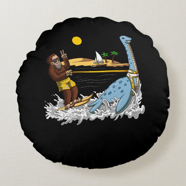 Bigfoot Riding Loch Ness Monster Funny Conspiracy Round Pillow (Front)