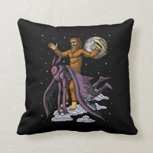 Bigfoot Riding Mothman Throw Pillow