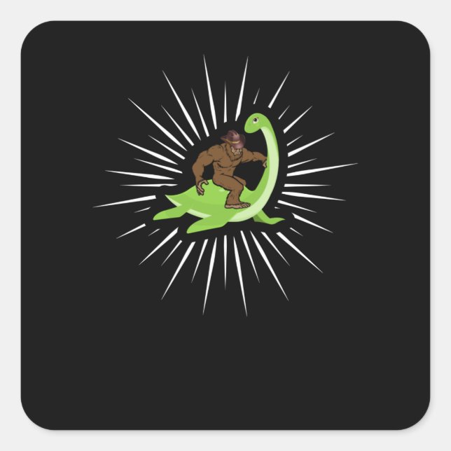 Bigfoot Riding Nessie Loch Ness Monster Square Sticker (Front)