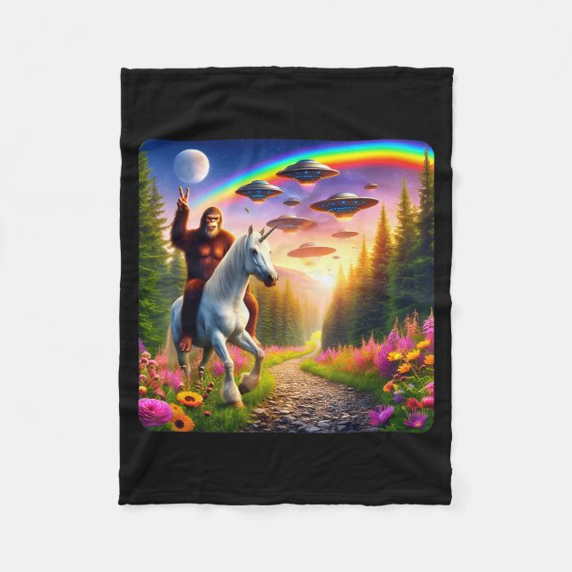 Bigfoot Riding Unicorn Funny Bigfoot Unicorn Selfi Fleece Blanket (Front)