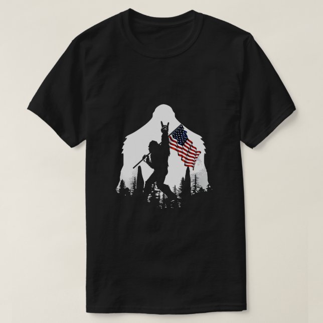 Bigfoot Rock And Roll Silhouette American Flag  T-Shirt (Design Front)