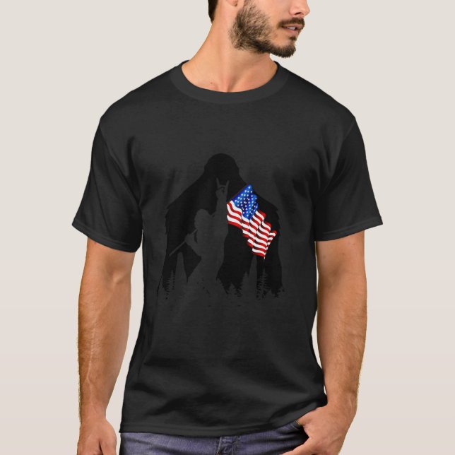 Bigfoot Rock On Hold American Flag Sasquatch Belie T-Shirt (Front)