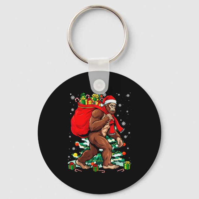 Bigfoot Santa Carrying Christmas Bag Xmas Hat Sasq Keychain (Front)