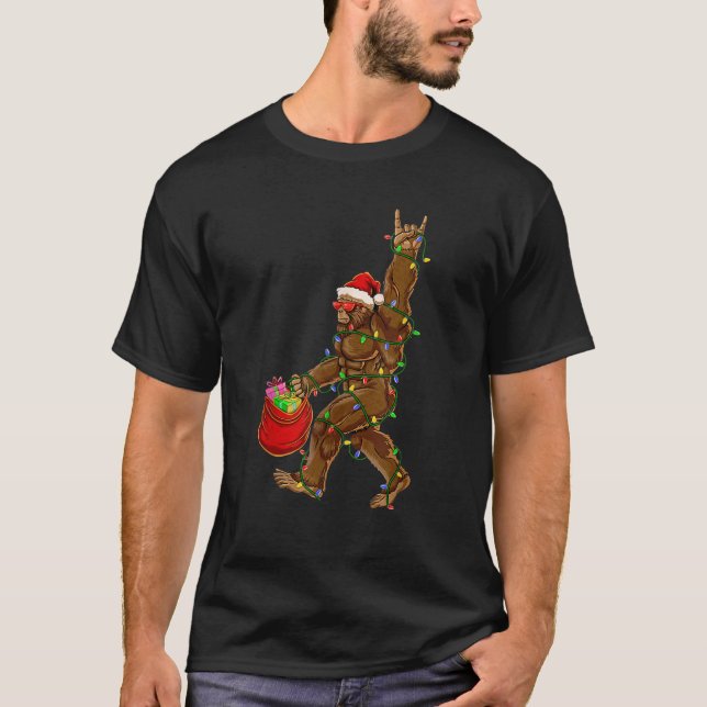 Bigfoot Santa Christmas Lights Rock Funny Sasquatc T-Shirt (Front)