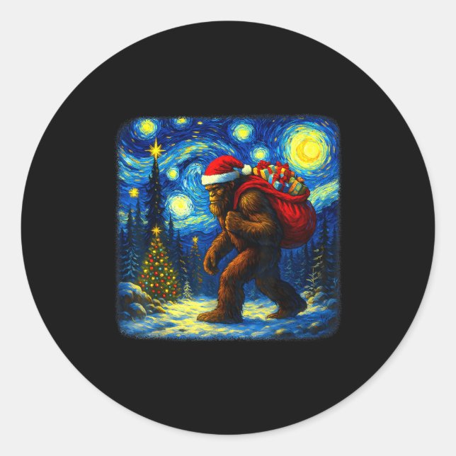 Bigfoot Santa Christmas Starry Night Sasquatch Van Classic Round Sticker (Front)