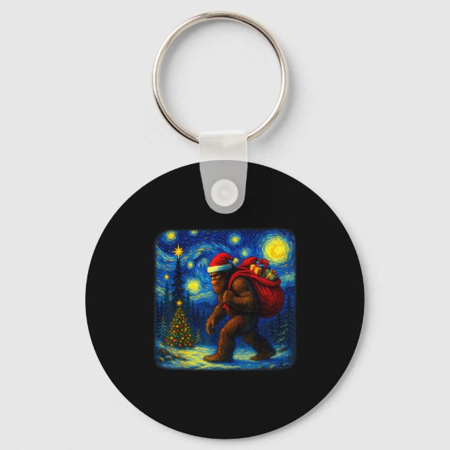 Bigfoot Santa Christmas Starry Night Sasquatch Van Keychain (Front)