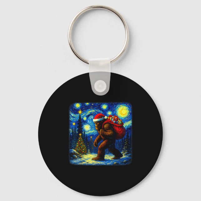 Bigfoot Santa Christmas Starry Night Sasquatch Van Keychain (Front)