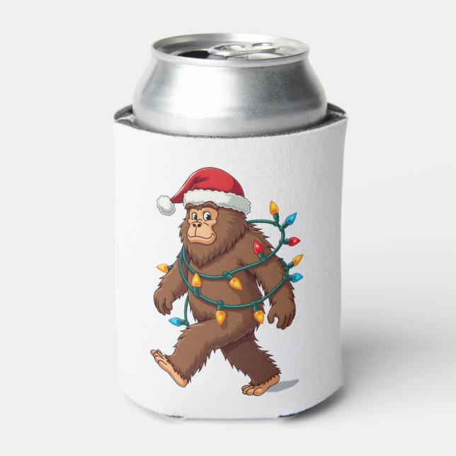 Bigfoot Santa Christmas Tree Lights Xmas Boys Men  Can Cooler (Can Front)