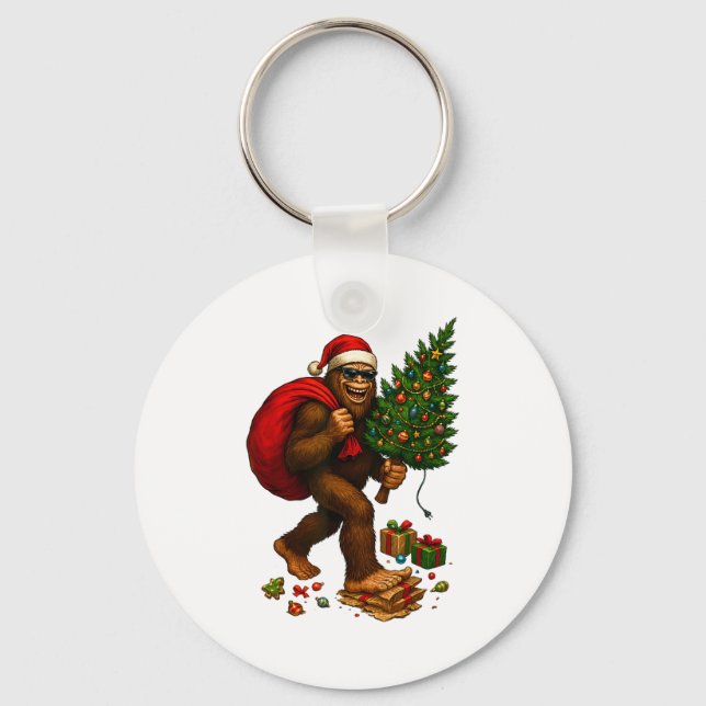 Bigfoot Santa Christmas Tree Lights Xmas Boys Men  Keychain (Front)