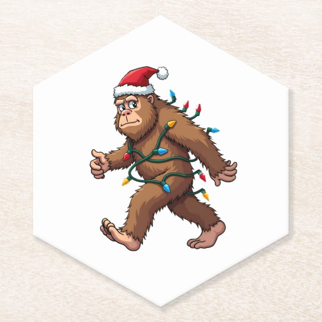 Bigfoot Santa Christmas Tree Lights Xmas Boys Men  Paper Coaster (Front)