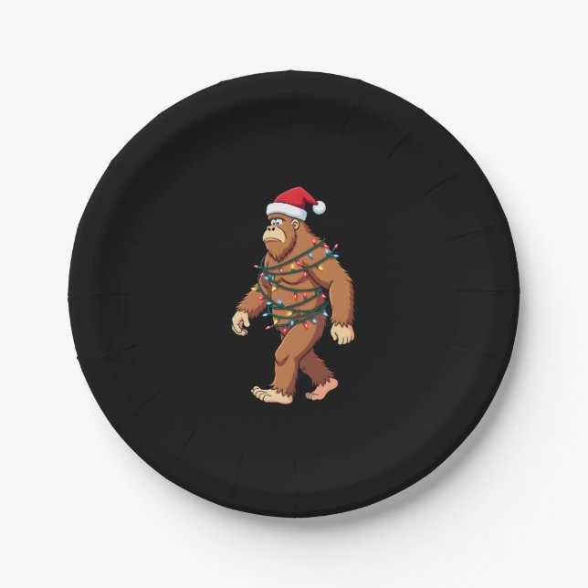 Bigfoot Santa Christmas Tree Lights Xmas Boys Men  Paper Plate (Front)