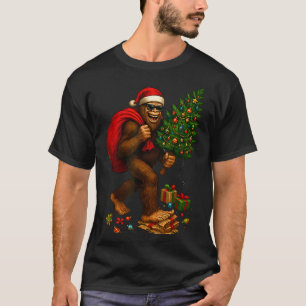 Bigfoot Santa Christmas Tree Lights Xmas Boys Men T-Shirt