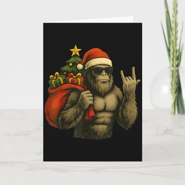 Bigfoot Santa Christmas Tree Rock On Funny Xmas Sa Card (Front)