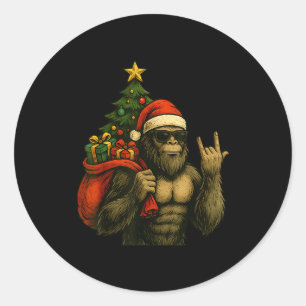 Bigfoot Santa Christmas Tree Rock On Funny Xmas Sa Classic Round Sticker
