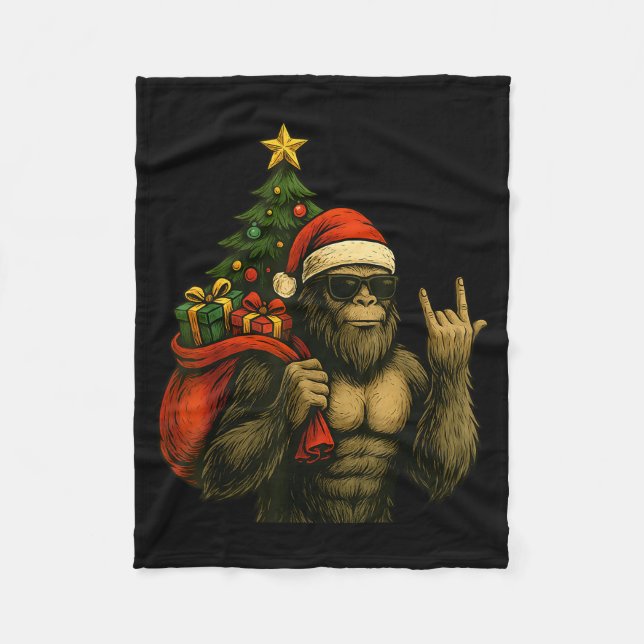 Bigfoot Santa Christmas Tree Rock On Funny Xmas Sa Fleece Blanket (Front)
