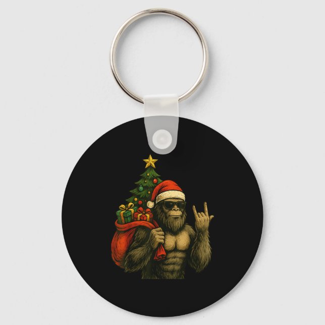 Bigfoot Santa Christmas Tree Rock On Funny Xmas Sa Keychain (Front)