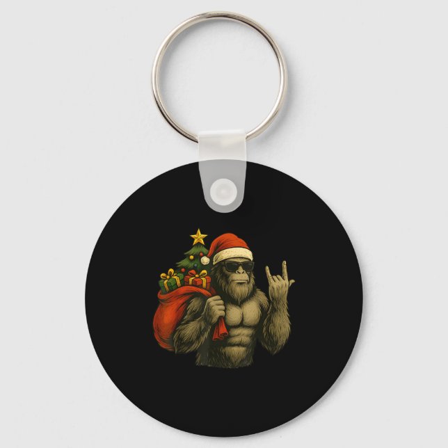 Bigfoot Santa Christmas Tree Rock On Funny Xmas Sa Keychain (Front)