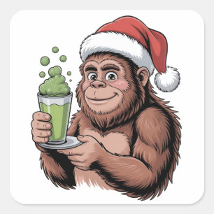 Bigfoot Santa Funny Sasquatch Holding Matcha Xmas Square Sticker