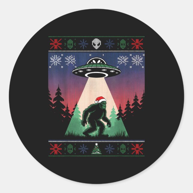 Bigfoot Santa Ufo Alien Funny Ugly Christmas Sweat Classic Round Sticker (Front)