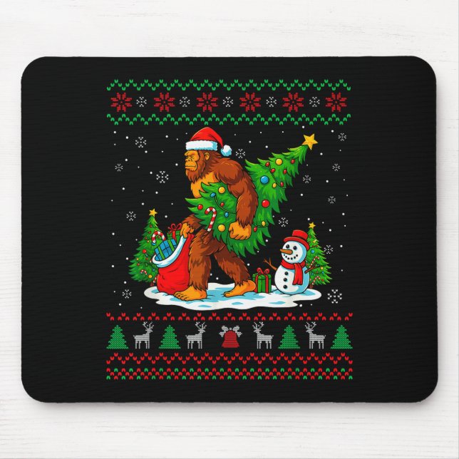 Bigfoot Santa Ugly Christmas Tree Funny Xmas Light Mouse Pad (Front)