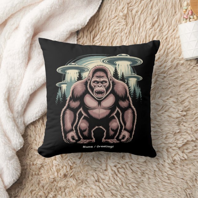 Bigfoot Sasquatch Alien UFO Funny Graphic Design Throw Pillow (Blanket)