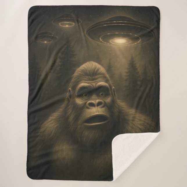 Bigfoot Sasquatch Alien UFO Funny Sherpa Blanket (Front)