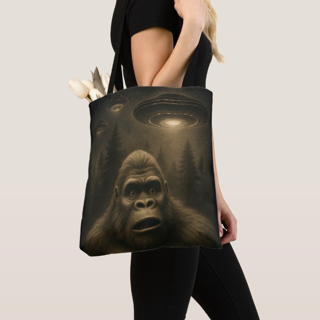 Bigfoot Sasquatch Alien UFO Funny Tote Bag (Close Up)