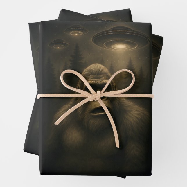 Bigfoot Sasquatch Alien UFO Funny Wrapping Paper Sheet (In situ)