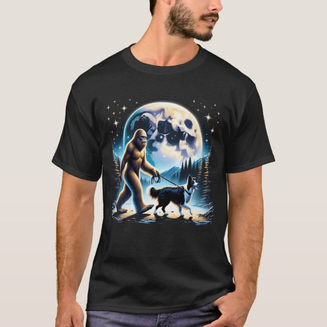 Bigfoot Sasquatch Border Collie Walking Dog Lover T-Shirt (Front)