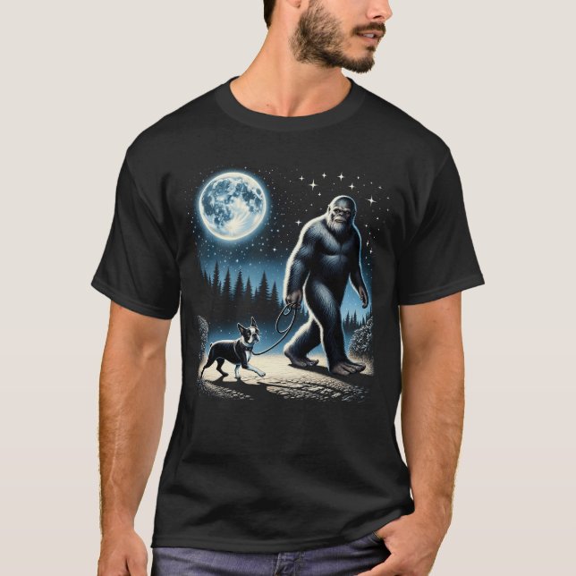Bigfoot Sasquatch Boston Terrier Walking Dog T-Shirt (Front)