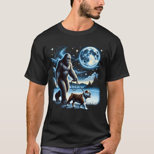 Bigfoot Sasquatch Bulldog Walking Dog Lover Moon T-Shirt (Front)