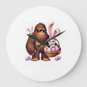 Bigfoot Sasquatch Bunny Easter Eggs Retro Men Boys Large Clock