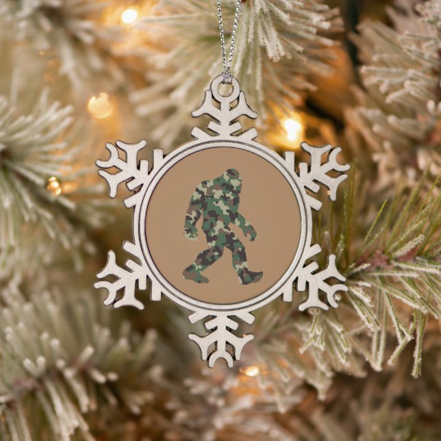 Bigfoot Sasquatch Camo Snowflake Pewter Christmas Ornament (Tree)