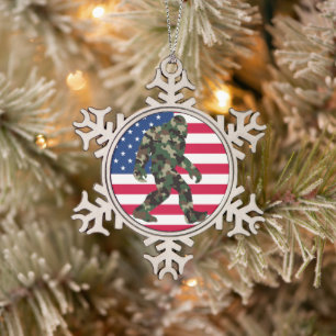 Bigfoot Sasquatch Camo     Snowflake Pewter Christmas Ornament