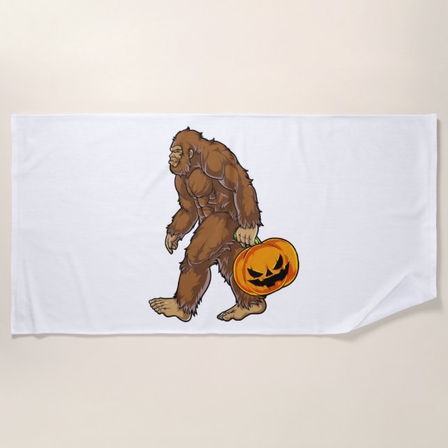 Bigfoot Sasquatch Carrying Scary Pumpkin T shirt Beach Towel (Front)
