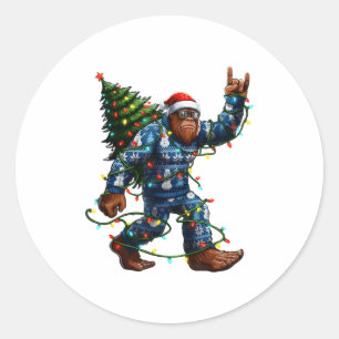 Bigfoot Sasquatch Christmas Tree Santa Hat Lights  Classic Round Sticker