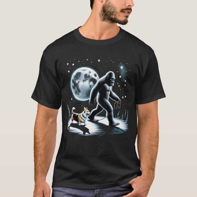 Bigfoot Sasquatch Corgi Walking Dog Lover Moon T-Shirt (Front)
