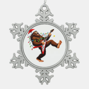 Bigfoot Sasquatch Electric Guitar Christmas 2026 Snowflake Pewter Christmas Ornament