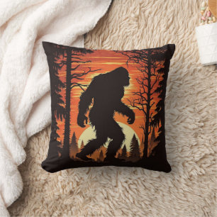 Bigfoot Sasquatch Forest Sunset Throw Pillow