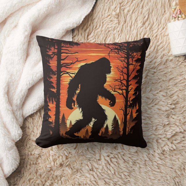 Bigfoot Sasquatch Forest Sunset Throw Pillow (Blanket)