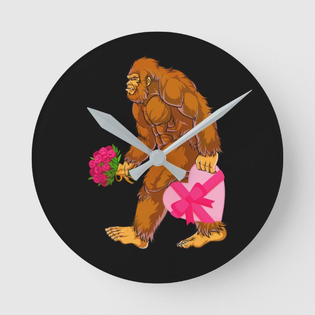 Bigfoot Sasquatch Funny Valentines Day Love Round Clock (Front)