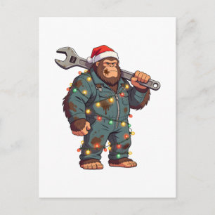 Bigfoot Sasquatch Mechanic Christmas Blue Collar Invitation Postcard